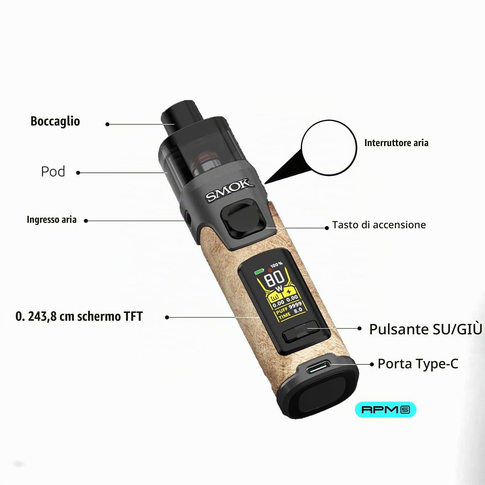 SMOK RPM 5 Kit Pod Sigaretta Elettronica 80W 2000mAh 6,5 ml Pelle nera
