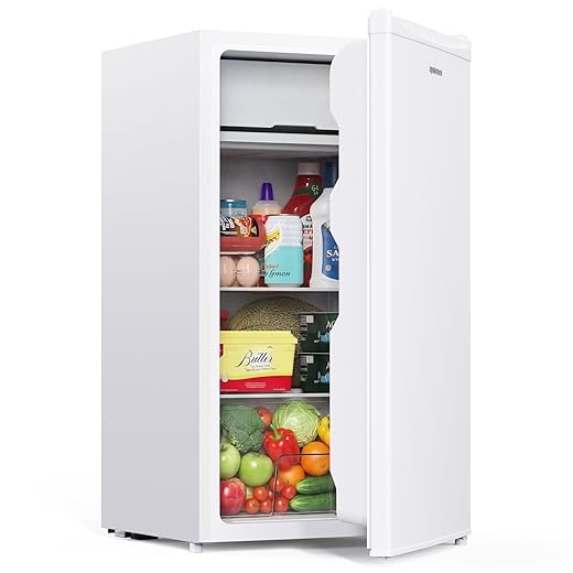 Upstreman 3.2 Cu.Ft Mini Fridge with Freezer, Single Door Mini Fridge, Dorm Fridge, Adjustable Thermostat, Mini Refrigerator for Dorm, Office, Bedroom, White-BR321