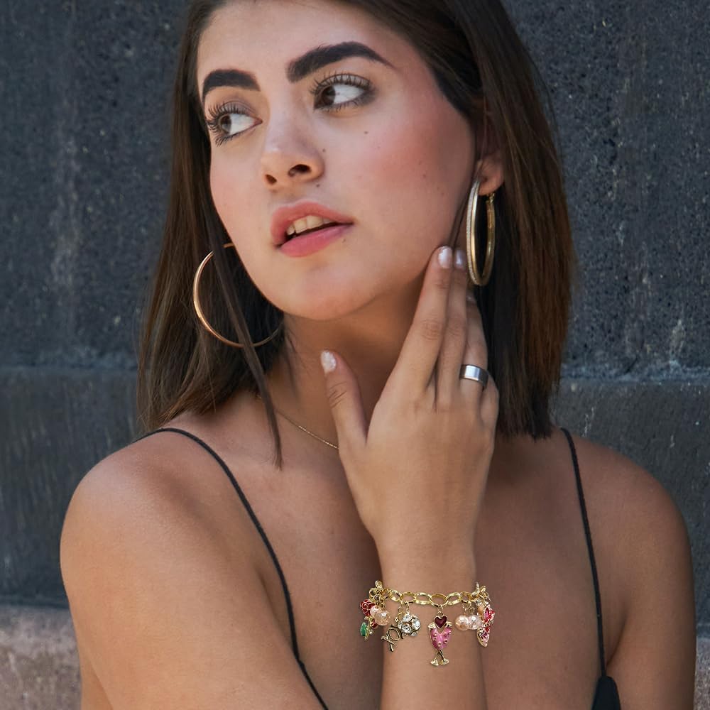 Madison Tyler Valentines Day Charms Gold Plated Rose Bracelet for Women | Pave Rhinestone Heart | Red Rose Imitation Pearl Charms Jewelry for Her | Couples Gifts Valentine's Day - Image 3