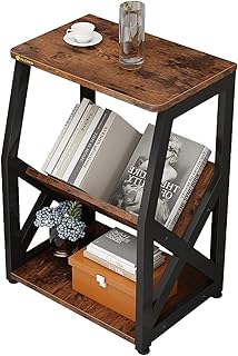 Side Table with Magazine Holder, 3 Tier Narrow End Table with Storage Shelf, Industrial Slim Nightstand for Small Spaces, Vintage Small Nightstand, Narrow Small End Tables Living Room