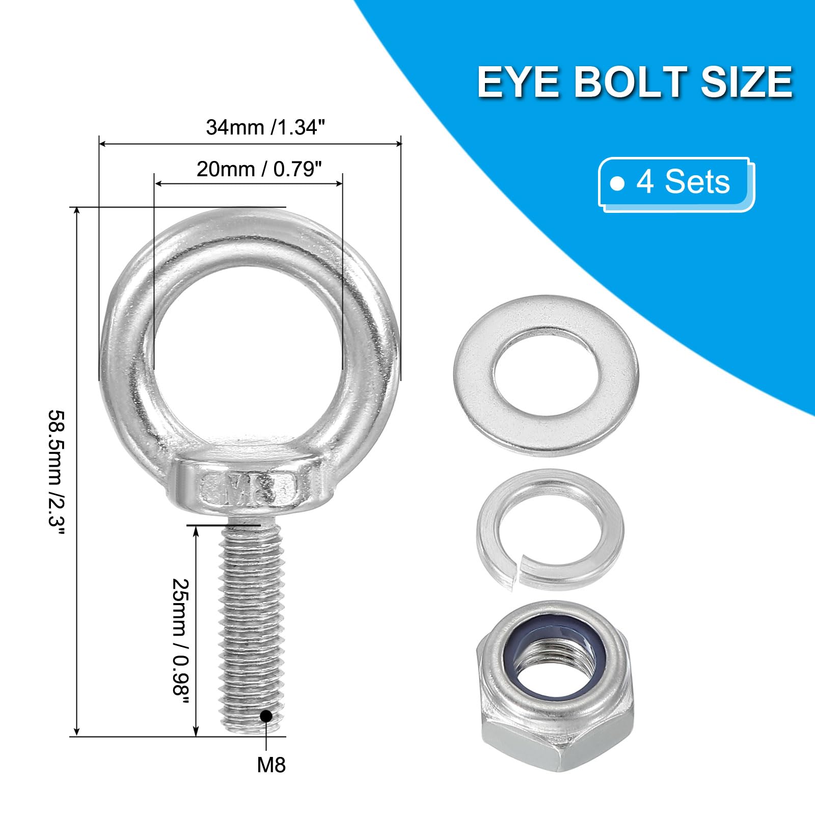 PATIKIL M8 x 25mm Eye Bolt with Nut, 4 Pack 304 Stainless Steel Lifting Shoulder Eyebolt Lift Thread Screws for Hanging Silver - Image 2