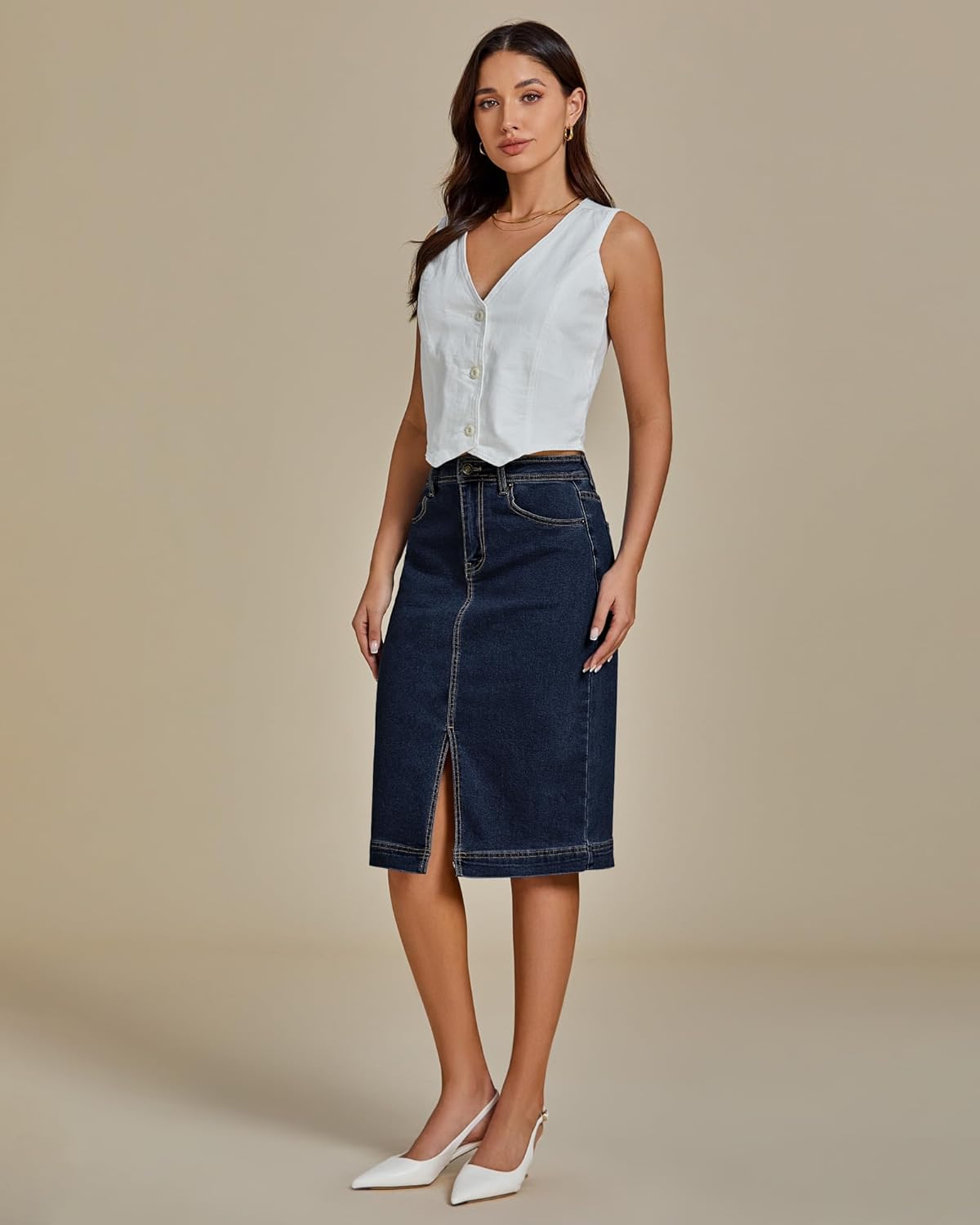 luvamia Jean Skirts for Women Denim Trendy Summer Casual Stretchy High Waisted Midi Below Knee Pencil Skirt with Slit - Image 6