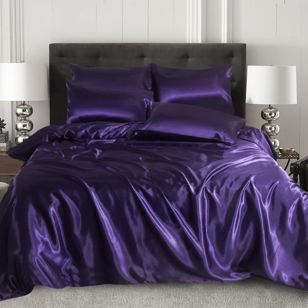XXR SATIN SILK COMPLETE BEDDING SET DUVET COVER FITTED SHEET 4 PILLOW CASES 6 Pcs (Aubergine, King)