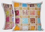 ANJANIYA 2 Embroidery Sequin Cushion Cover 16x16 inches Indian Boho Hippie Patchwork Throw Pillow Cushion Cover Decorative Bohemian Pillows Cotton Hand Embroidered Pillow Cases (White)