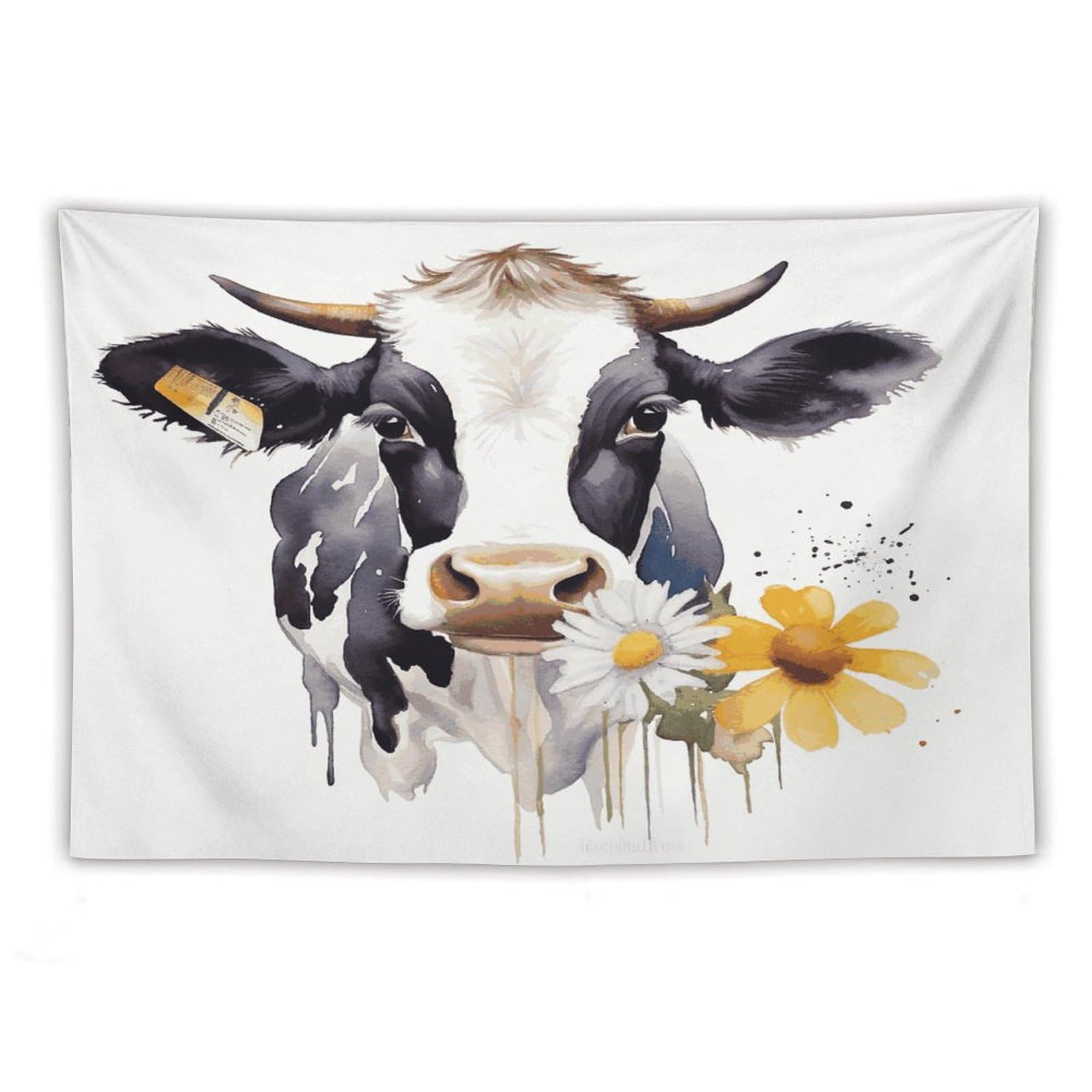 LDGSUPH Watercolor Cow And Daisy Flower Tapestry Wall Hanging Decor Anti-fading Aesthetic Wall Tapestries Fashion Wall Blanket Decor Modern Wall Art Tapestry for Bedroom Home Decor 60"x90"