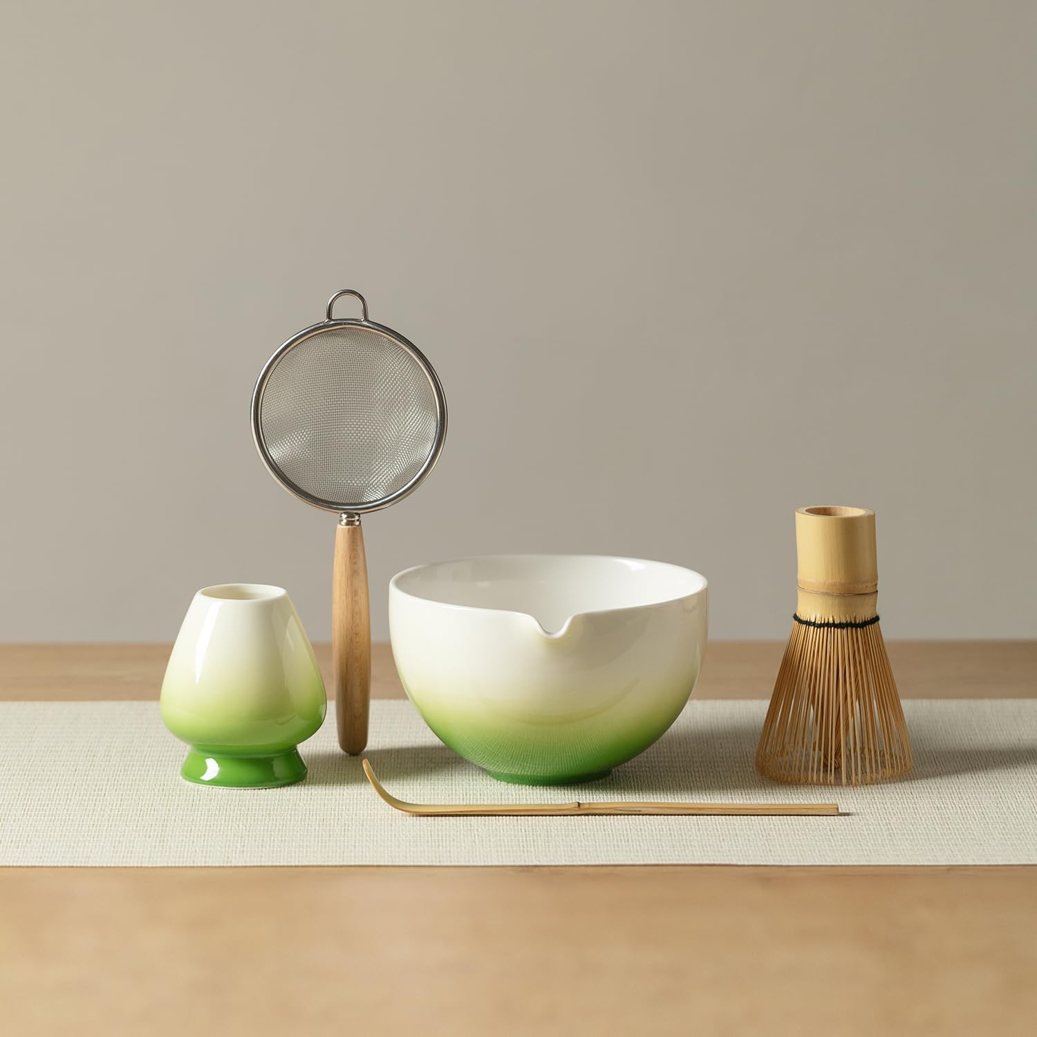 Matcha Whisk Set, Matcha Set with Ceramic Matcha Bowl, Bamboo Whisk & Holder, Sifter, Tea Scoop (Gradient Green)