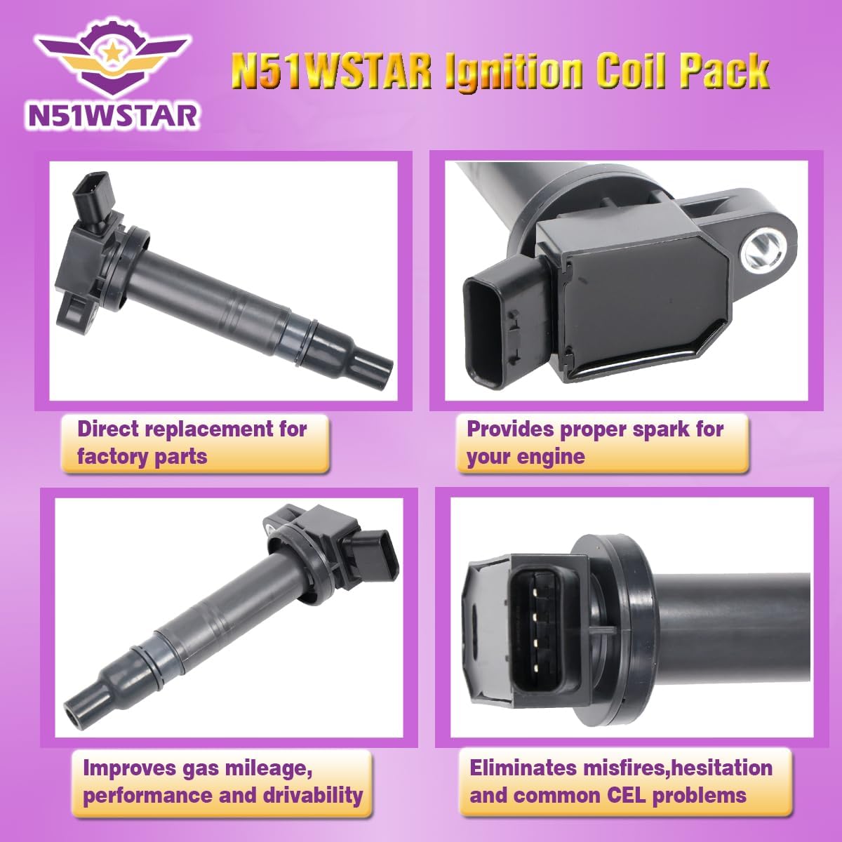 IGNITION COIL PACKS SET OF 4 COMPATIBLE WITH SCION XB TOYOTA 4Runner Camry Hiace Matrix Solara Tacoma 2.4 2.7 L4 2AZ 2TR LEXUS IS F 5.0 V8 2UR Replacement For UF495 90919-02248