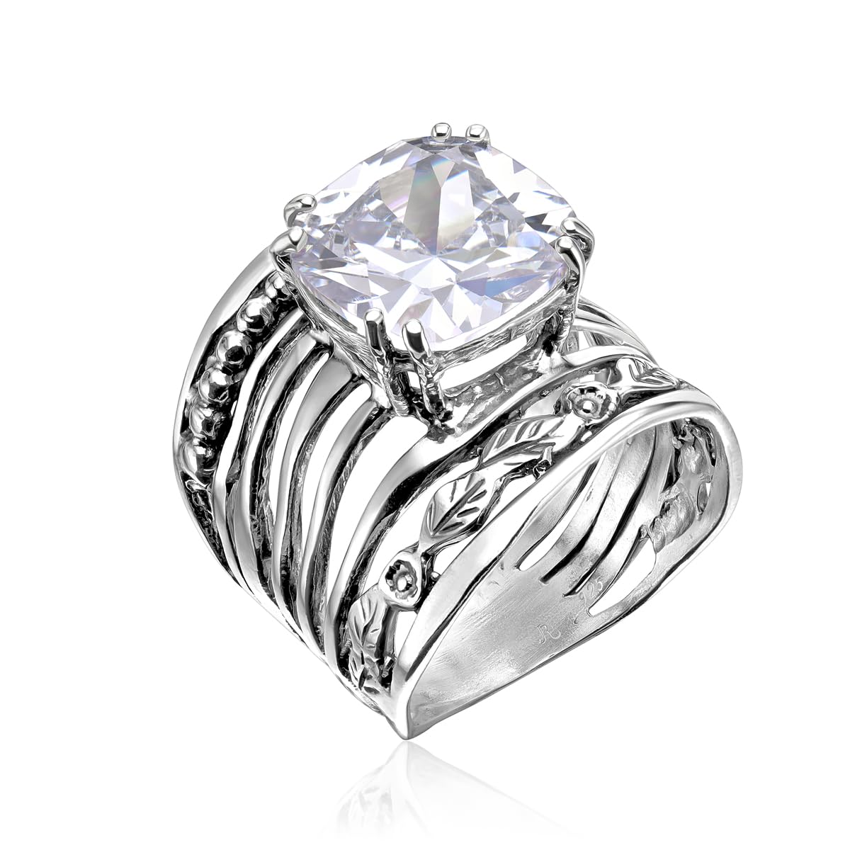 925 Sterling Silver Ring With a White Cushion Cubic Zirconia Prong Hypoallergenic, Nickel and Lead-free, Facet Cut, Artisan Handcrafted Designer Collection, Made in Israel, Cubic Zirconia