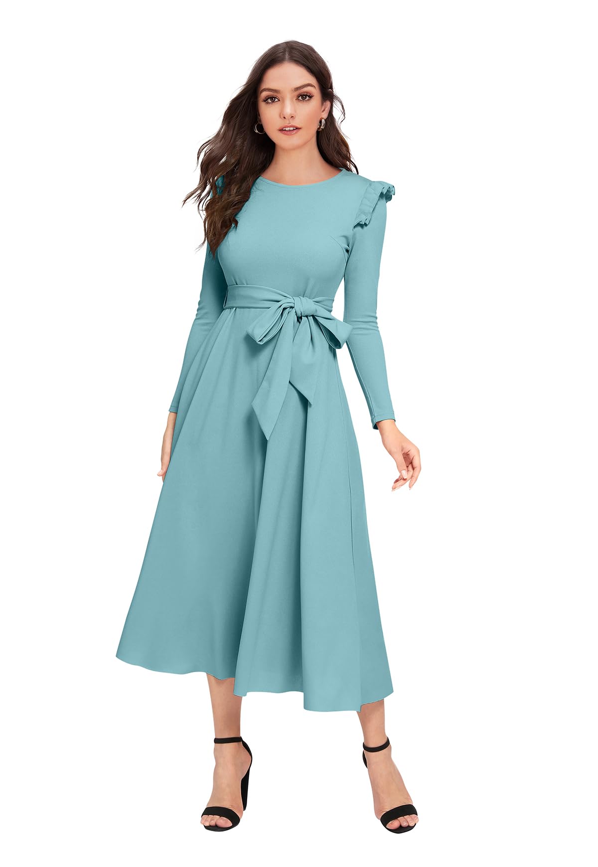 Women's Elegant Long Sleeve Ruffle Shoulder Tie Waist Midi Dress - Casual Crewneck Solid Color A-Line Flare Work Party Dress-image-9