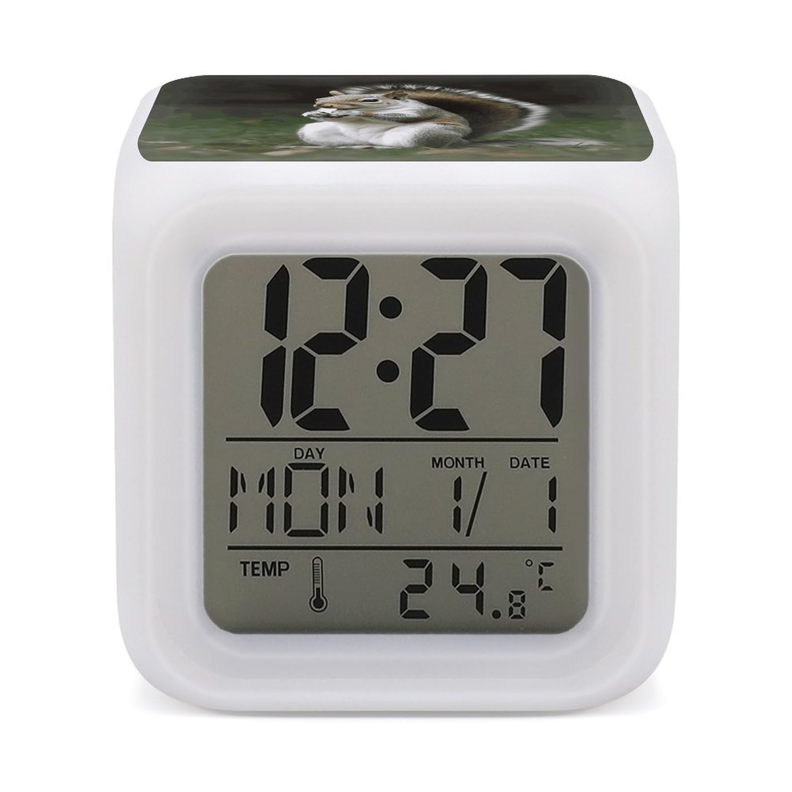 FekiLoot Squirrel Alarm Clock for Heavy Sleepers Small Digital Alarm Clock with Date Temperature Wake Up Digital Clocks with 7 Colors Changing Desk Clocks for Bedroom Bedside Nightstand