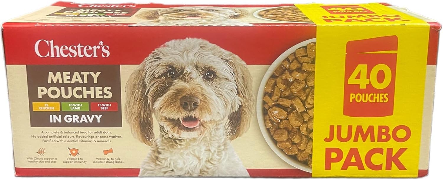 Chesters Meaty Pouches – Complete & Balanced Adult Dog Food with Beef, Poultry, and Turkey Flavors – Fortified with Essential Vitamins & Minerals (1Pack, In Gravy)