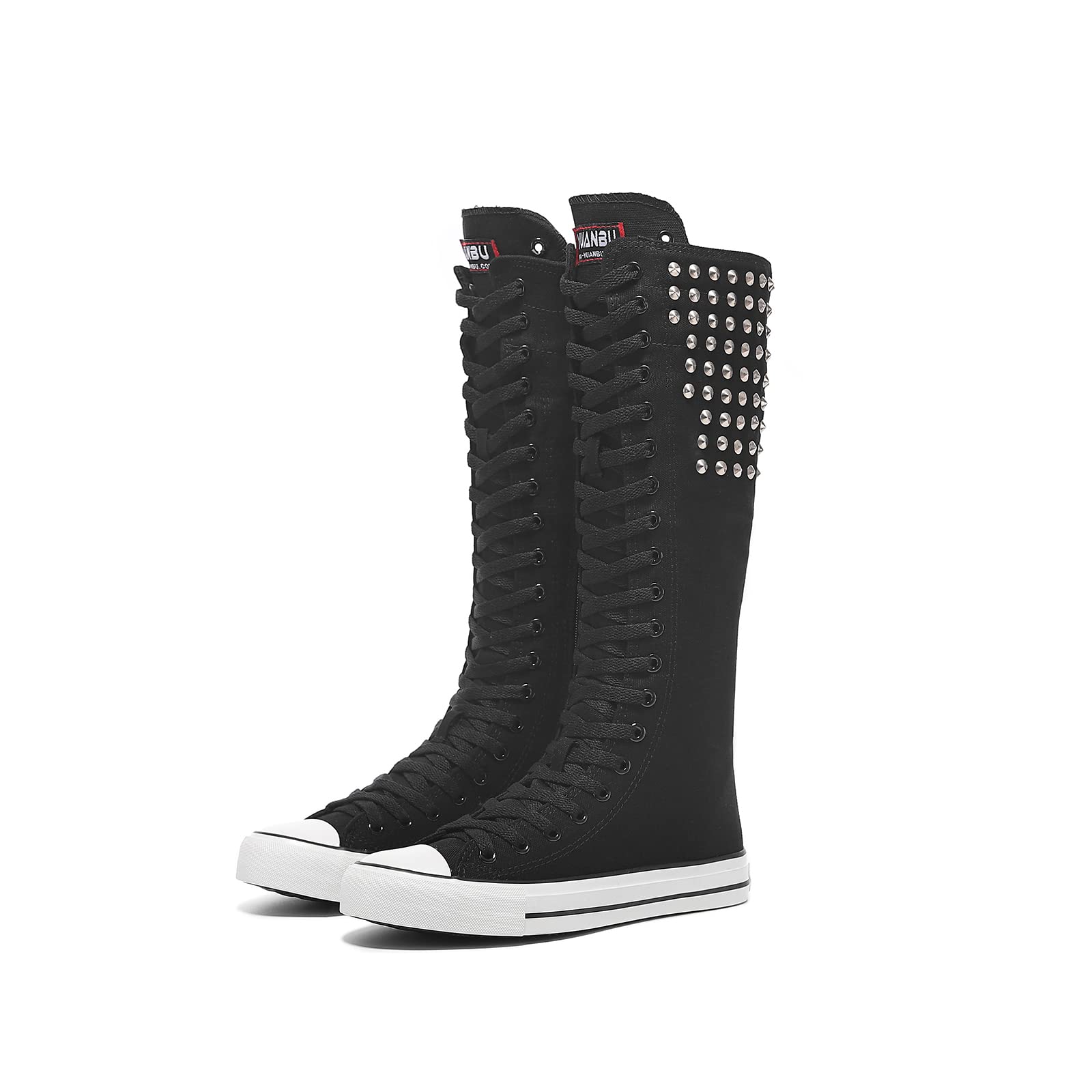 Momuk Womens Knee High Lace Up Sneakers Side Zip Canvas Shoes Fashion Dancing Mid Calf Boots
