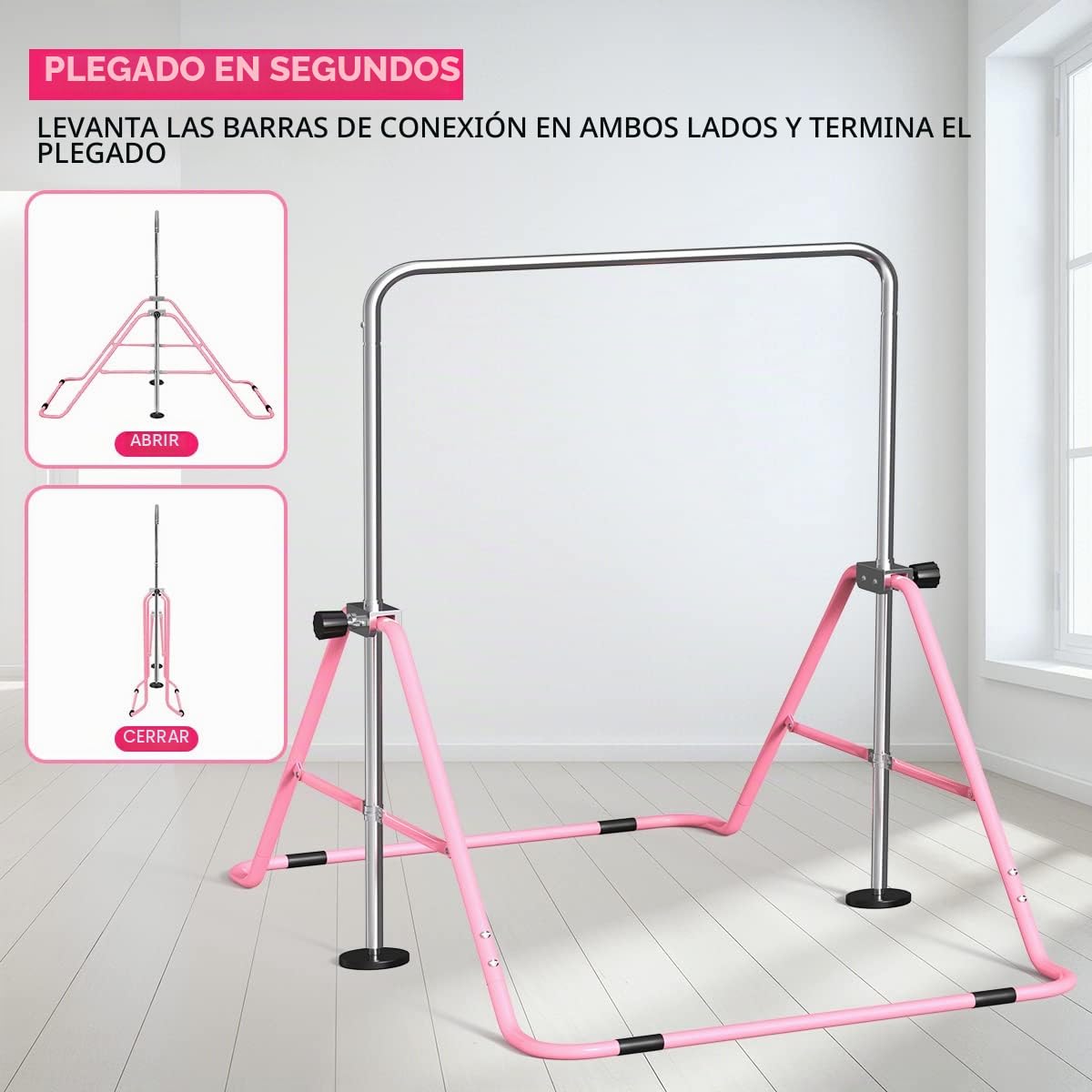 FBSPORT Barra de Gimnasia Artistica para Niñas con Altura Ajustable y Anillos, Plegable Equipo de Gimnasia para Entrenamiento en Casa, Barra de Entrenamiento de Gimnasia Expandible Junior