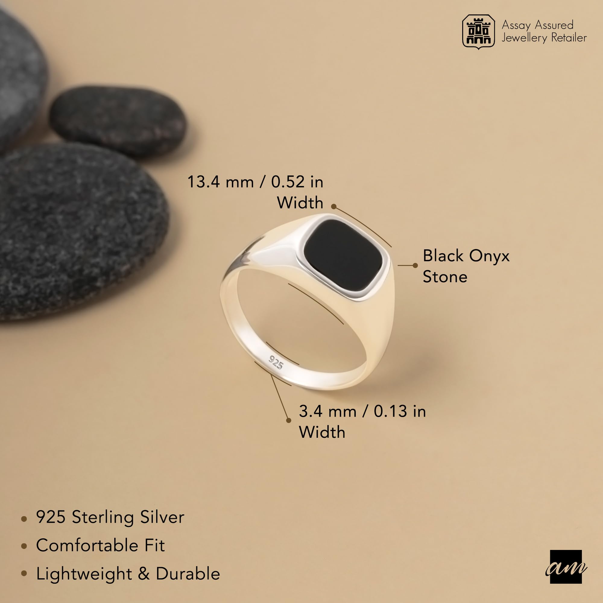 Amberta Anello per Uomo con Onice in Argento Sterling 925 | Anello da Mignolo per Uomo | Anello Uomo Nero | Anello Chevalier Uomo