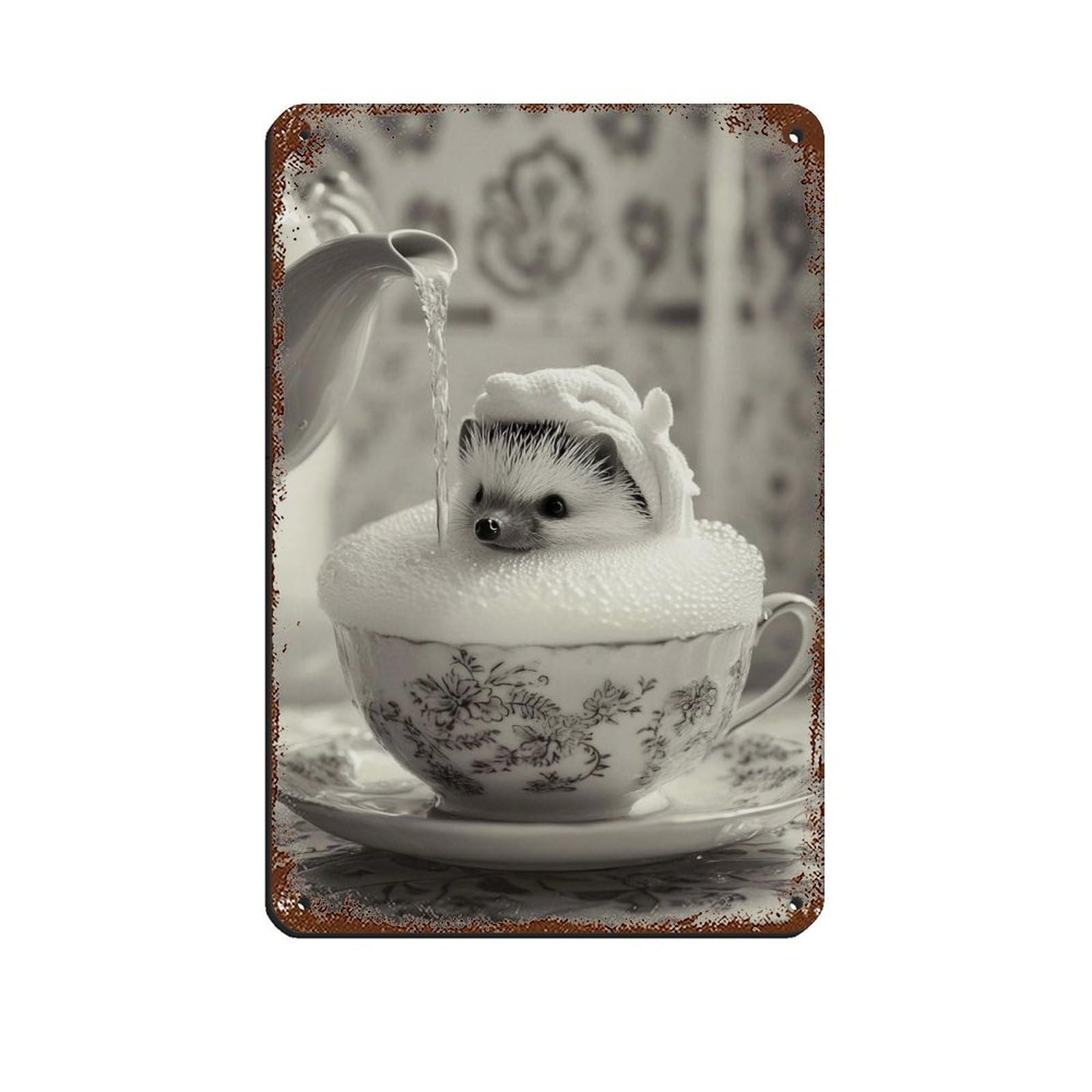 Cute Hedgehog in Teacup Retro Poster Metal Tin Sign Chic Art Retro Iron Painting Bar People Cave Cafe Family Garage Poster Wall Decoration 8x12inch(20x30cm)