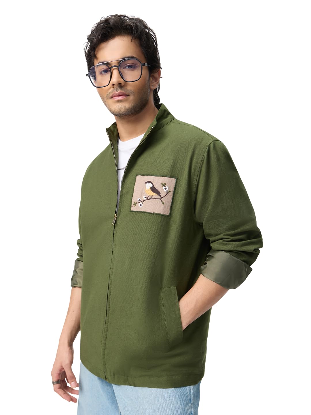 the souled store Bird Tweet Men and Boys Full Sleeves Band Collar Olive Green Embroidered Cotton Linen Blend Relaxed Fit Lightweight Casual Jacket-picture-27