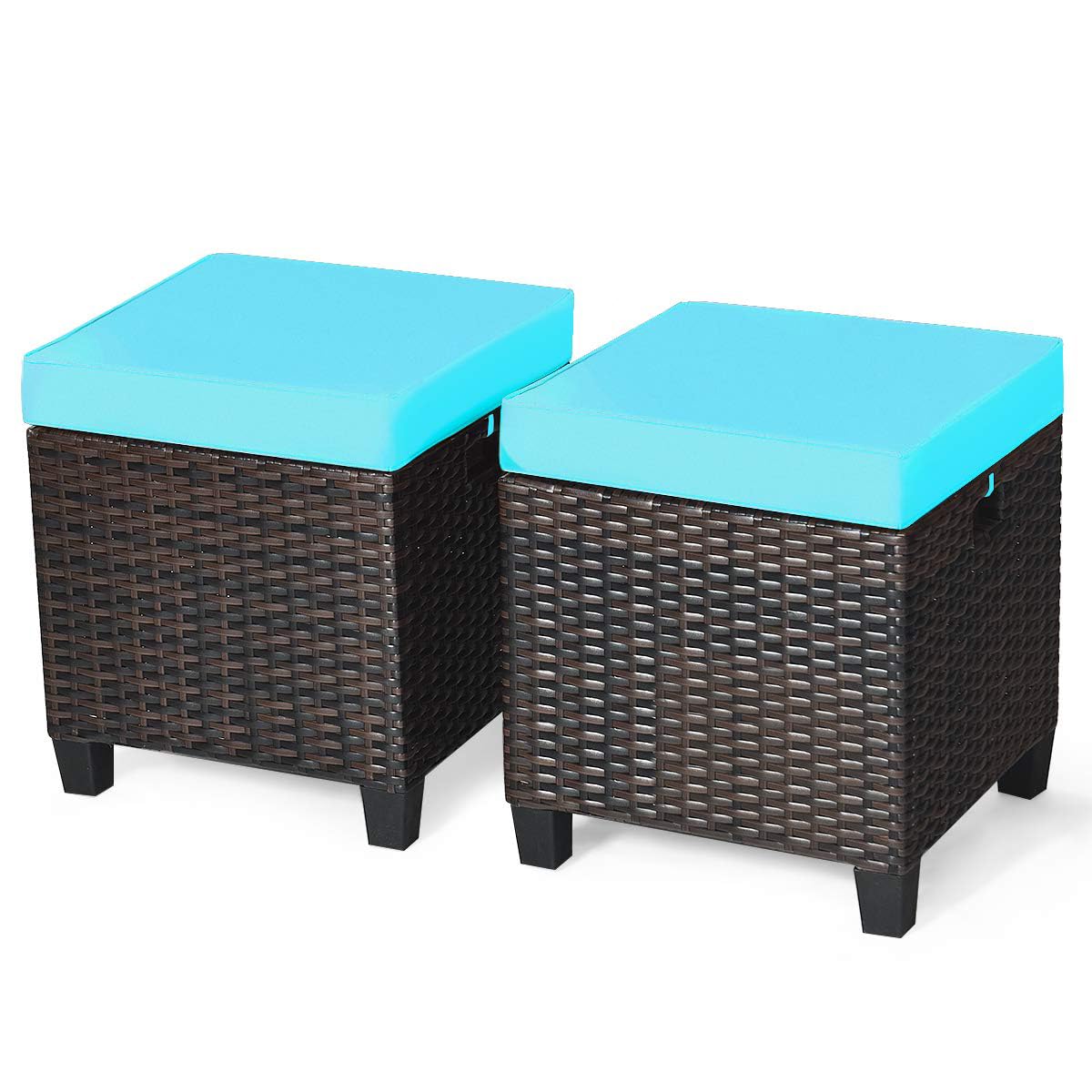 DORTALA 2 Piece Patio Wicker Ottomans, 2 in 1 Outdoor PE Rattan Side Table & Footstool Foot Rest with Cushions for Couch, Chair, Turquoise