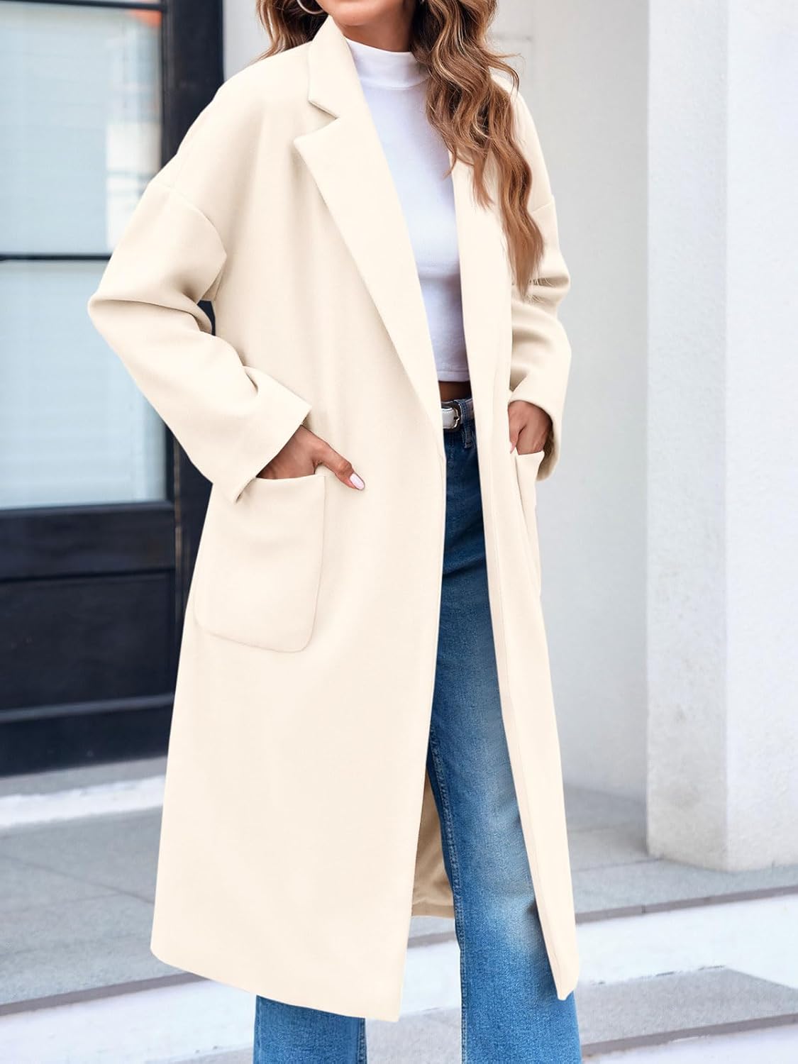 FSHAOES Womens Lapel Collar Pea Coat Open Front Overcoat Belted Long Jacket Outerwear - Image 2