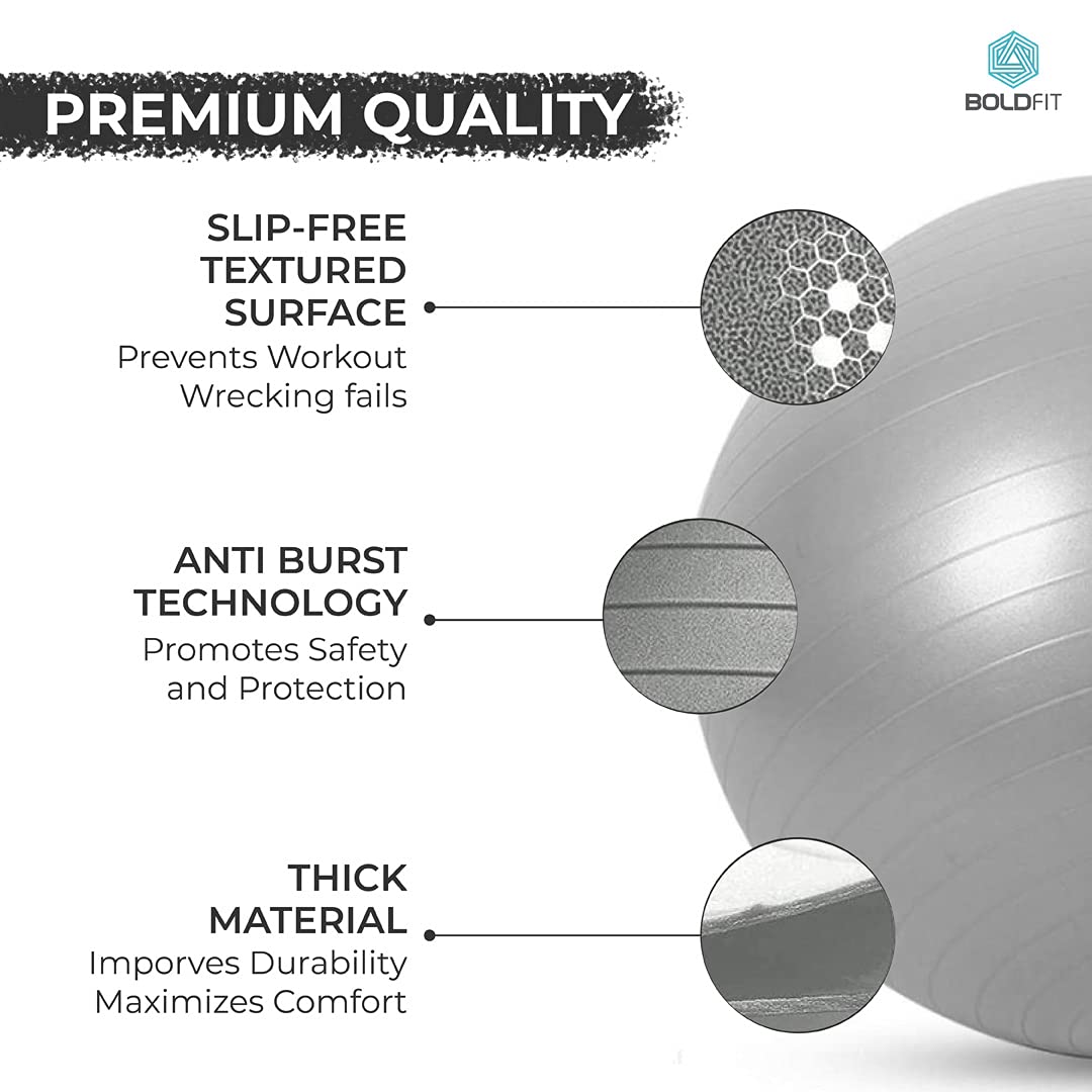 Boldfit Gym Ball for Exercise with Foot Pump for Workout, Yoga for Women and Men Swiss Ball for Balance Stability Training, Fitness 75Cm-Grey