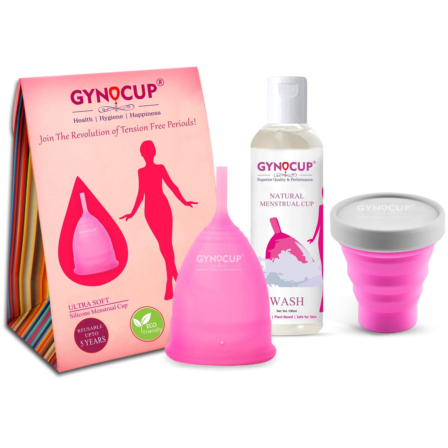 GynoCup Reusable Menstrual Cup for Women | Large Size | With Menstrual Cup Wash 100ml |100% Medical Grade Silicone | 12 Hrs. Wearable | no leakage | Ultra Soft, Odor & Rash Free (Small) (Large Hygiene Kit)