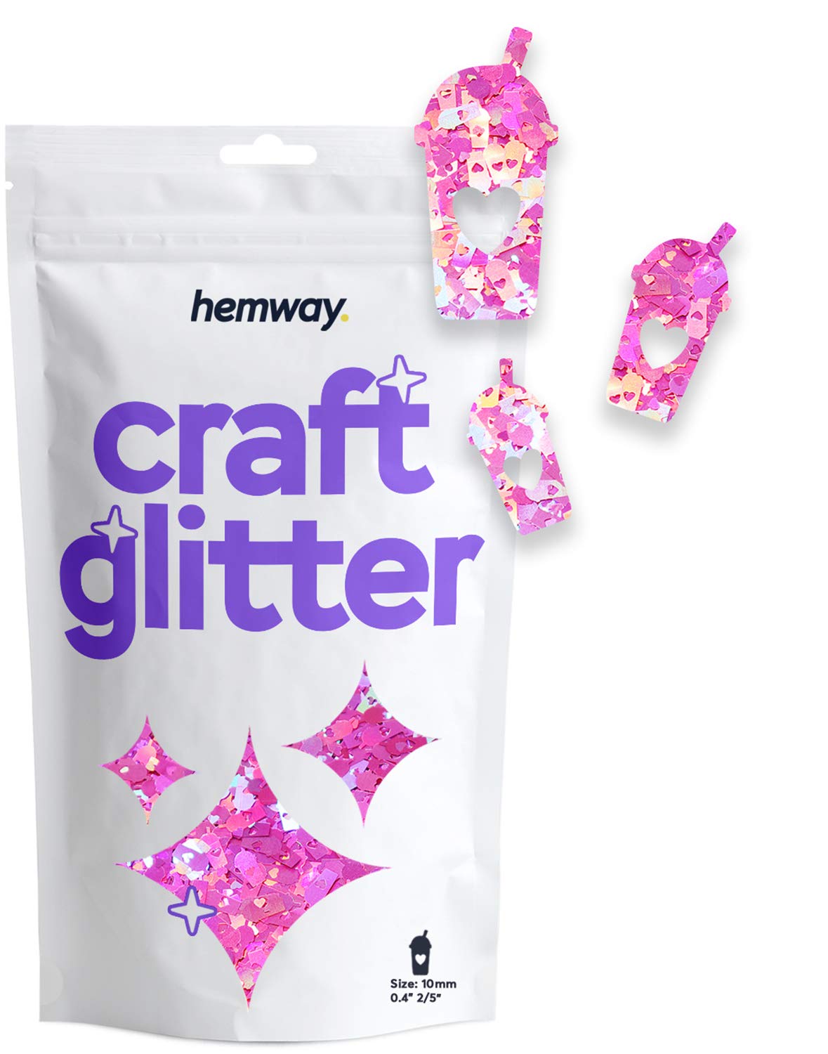Hemway Craft Glitter - 2/5" 0.4" 10mm - Milkshake Shaped Glitter for Decoration, Resin, Scrapbook, Arts, Craft, Design, Nail, Cosmetic - Pink Holographic - 50g