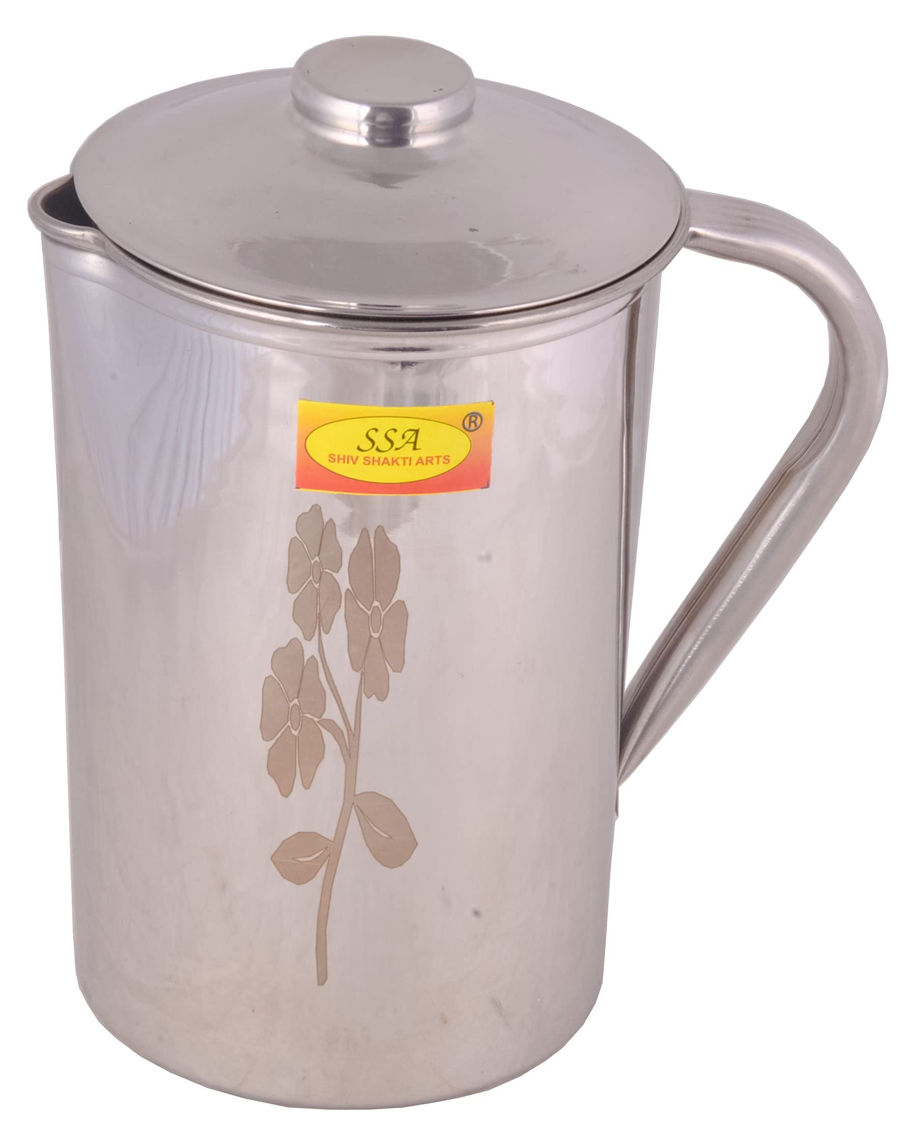 Shiv Shakti Arts® Pure Stainless Steel Water Jug with Lid Laser Flower Design Volume= 1.8 Litre (1 Piece,Silver,No 4)