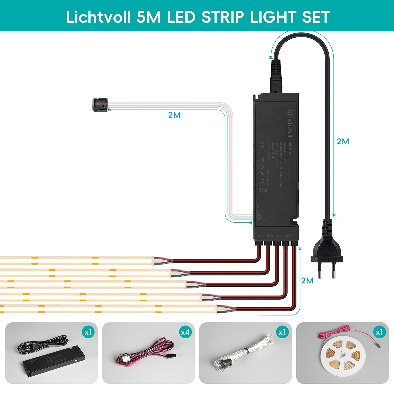 Taśma LED COB 5 m 480 LED/m / 3000 K LED Strip 5 m ciepła z dotykowym ściemniaczem i zasilaczem sieciowym 60 W, oświetlenie podszafkowe, taśma LED do paneli akustycznych, listwa