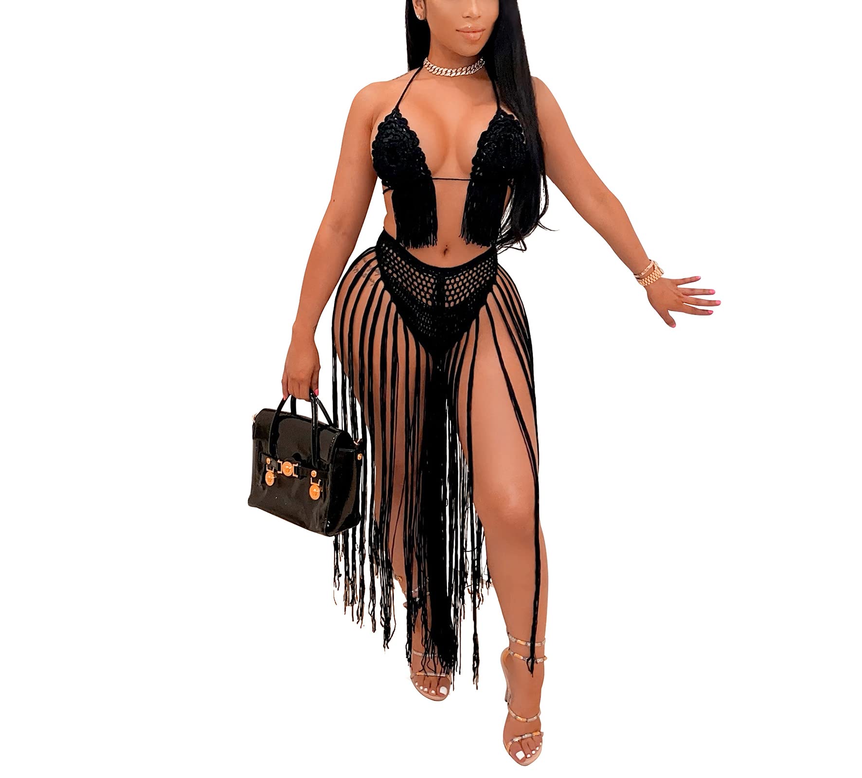 Two Piece Beach Outfits for Women Crochet Tassels Hollow Out Bikini Bra Top and High Split Skirt Set Cover Up Dress