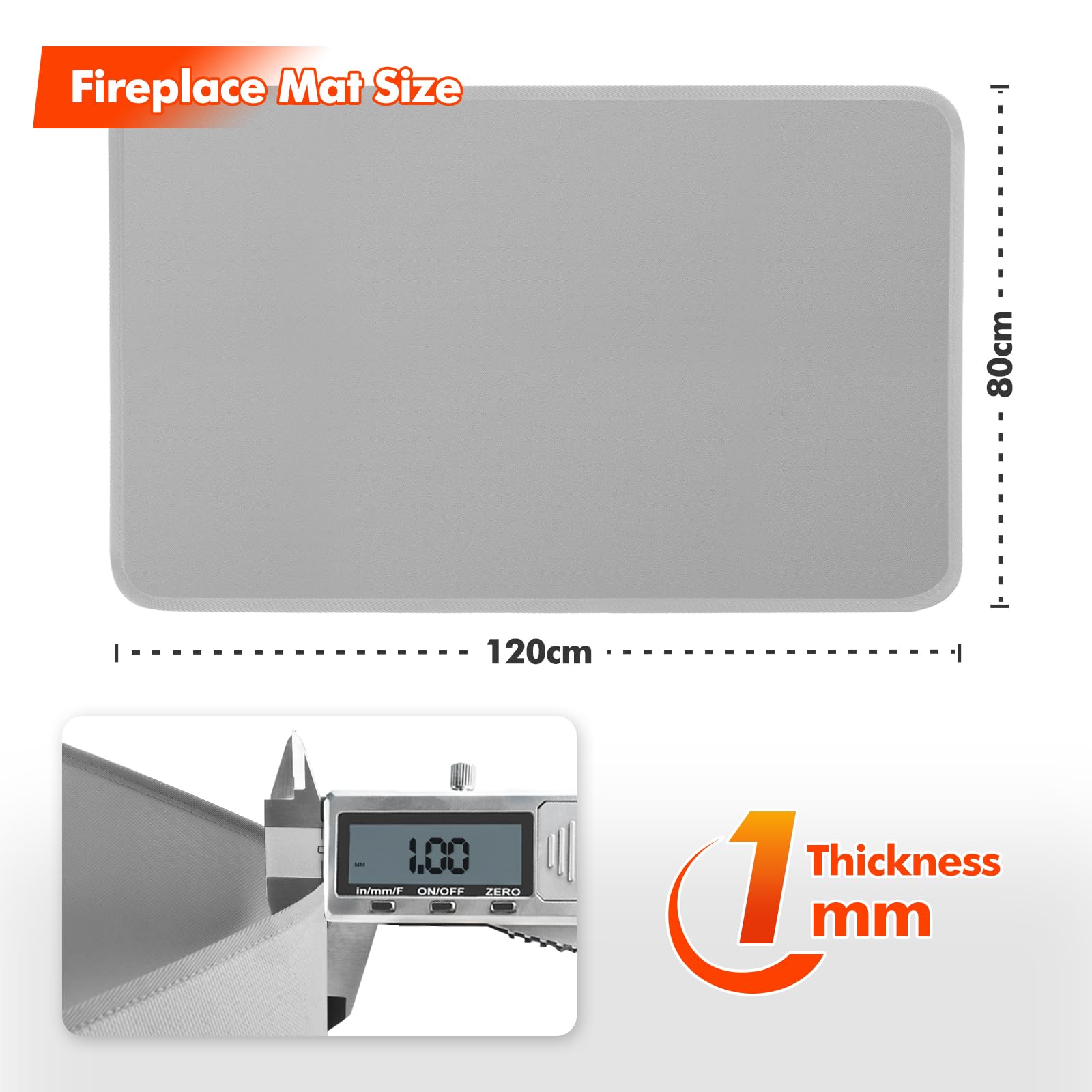 Tapis Ignifuge de Cheminée Rectangulaire, 120 x 80 x 0.1 cm, Gris | Polyvalent tapis anti feu devant cheminee, fibre de verre protège sols et tapis des étincelles et braises, facile d'entretien