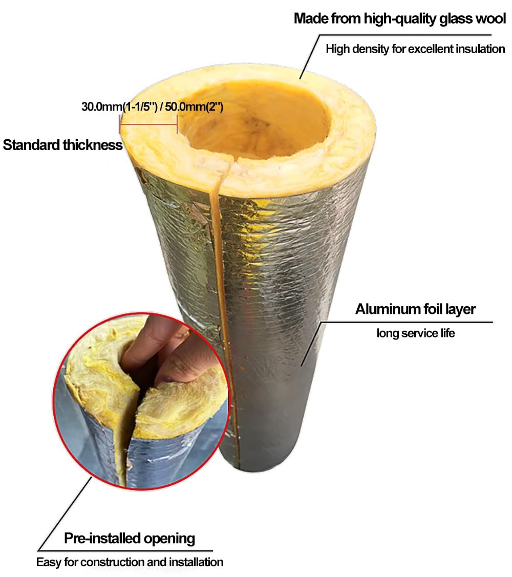 High-Temp Glass Wool Pipe Insulation – Pre-Slit With Aluminum Foil, Fits 1-1/10 To 10-3/4 ID, 1 Meter Length (ID 43mm X T30mm)