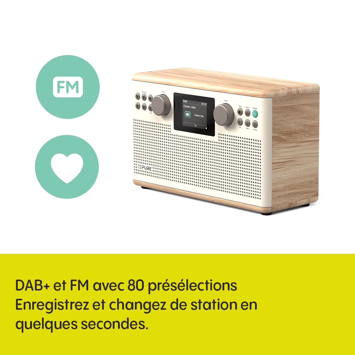 Pure Classic H6 Chaîne stéréo Hi-Fi et chaîne musicale avec radio DAB+ FM Bluetooth 5.3 USB?A & AUX 2,4" Télécommande couleur TFT double réveil, minuterie de sommeil et de cuisine 2 x 15 W 80 mémoires