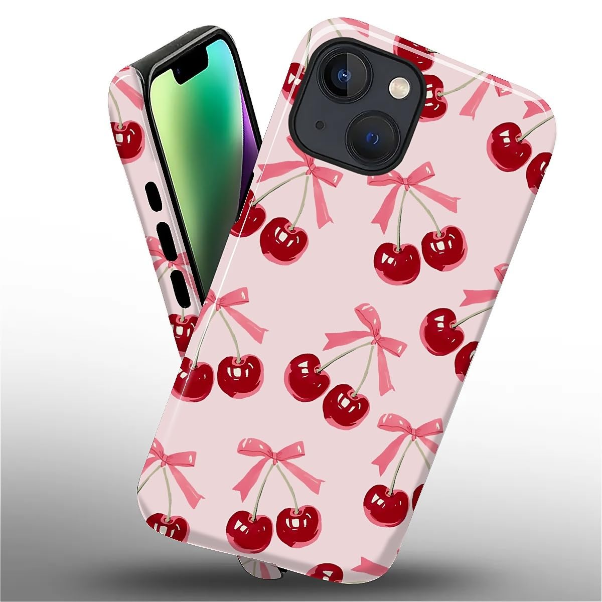 Wqwaxxc Compatible with iPhone 13 14 Case Glossy 2-in-1 Sleek All-Inclusive Dual-Layer Material Soft TPU + PC Back for Pink Ribbon Bow Red Cherry
