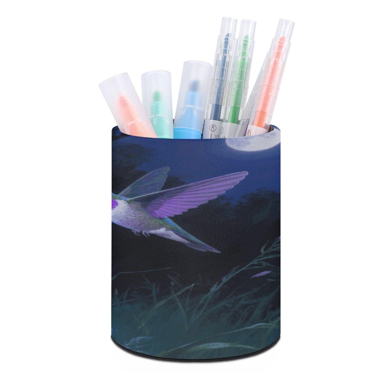 VstaDank Hummingbird Pen Holder Round Pencil Holder Cup Pen Container PU Leather Desk Organizer Stand Decorative Brush Scissor Holder Decoration Office Desk Home (3.1 x 3.9 inch)