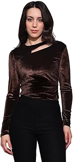 globus Women Round Neck Long Sleeves Cut-Out Detail Gathered & Pleated Velvet Party Top-picture-53