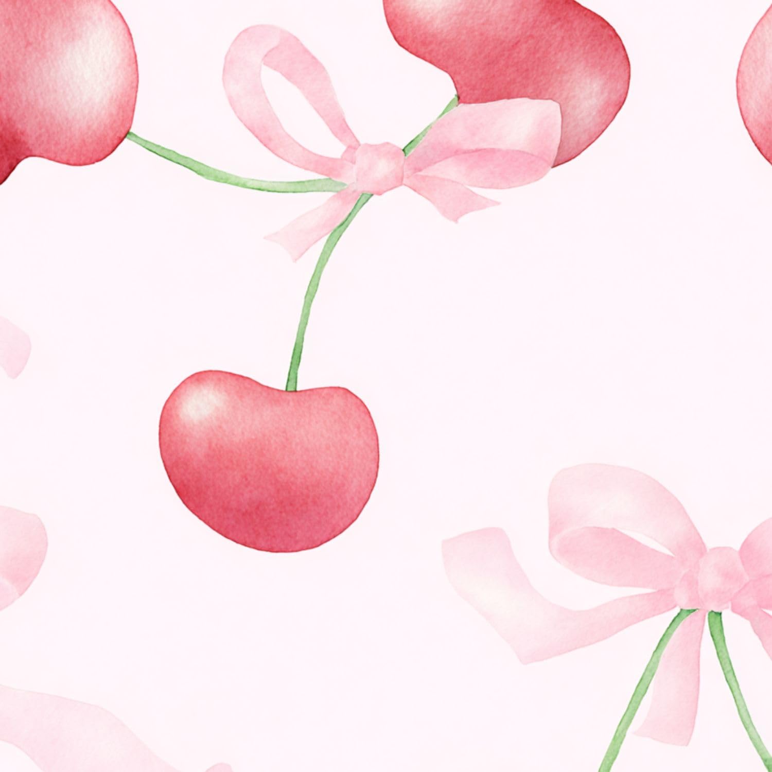 DERUINVAIO Self Adhesive Feature Removable Pink Watercolor Cherries Ribbon Bow Light Peel and Stick Vinyl Wallpaper Roll, Sticky Lining Paper for Bedroom, Living Room, Kitchen Walls