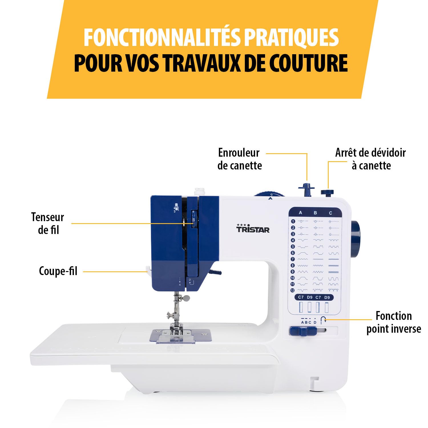 Tristar Machine à Coudre avec 38 Points, Table d’Extension Amovible, Bras Libre, Éclairage LED, Enfile-Aiguille Automatique, Coupe-Fil, Vitesse Réglable, SM-6005