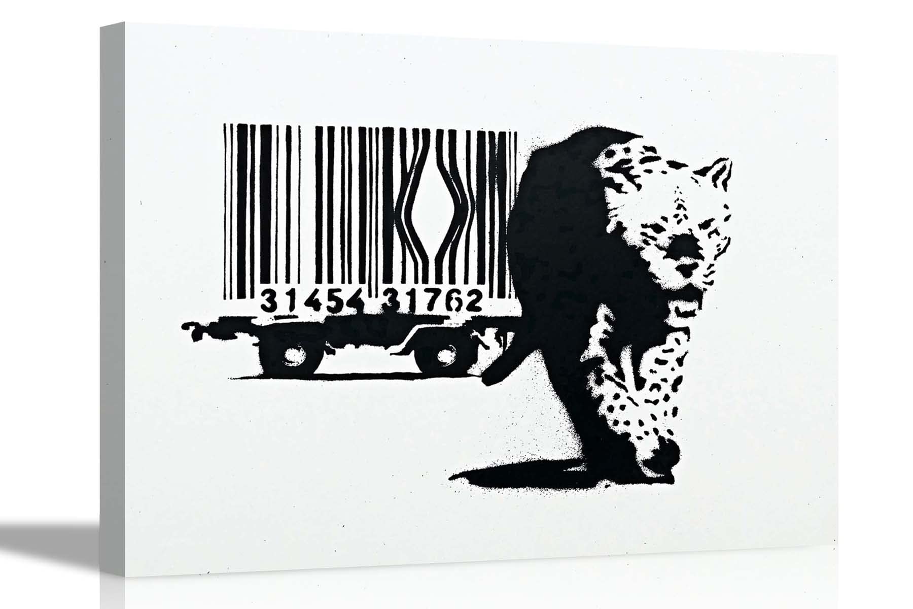 Artley Prints White Barcode Leopard By Banksy Canvas Pictures Mural Prints Framed Wall Art Graffiti Home Office Flat Pictures 101 X 76Cm (40 X 30 Inches)
