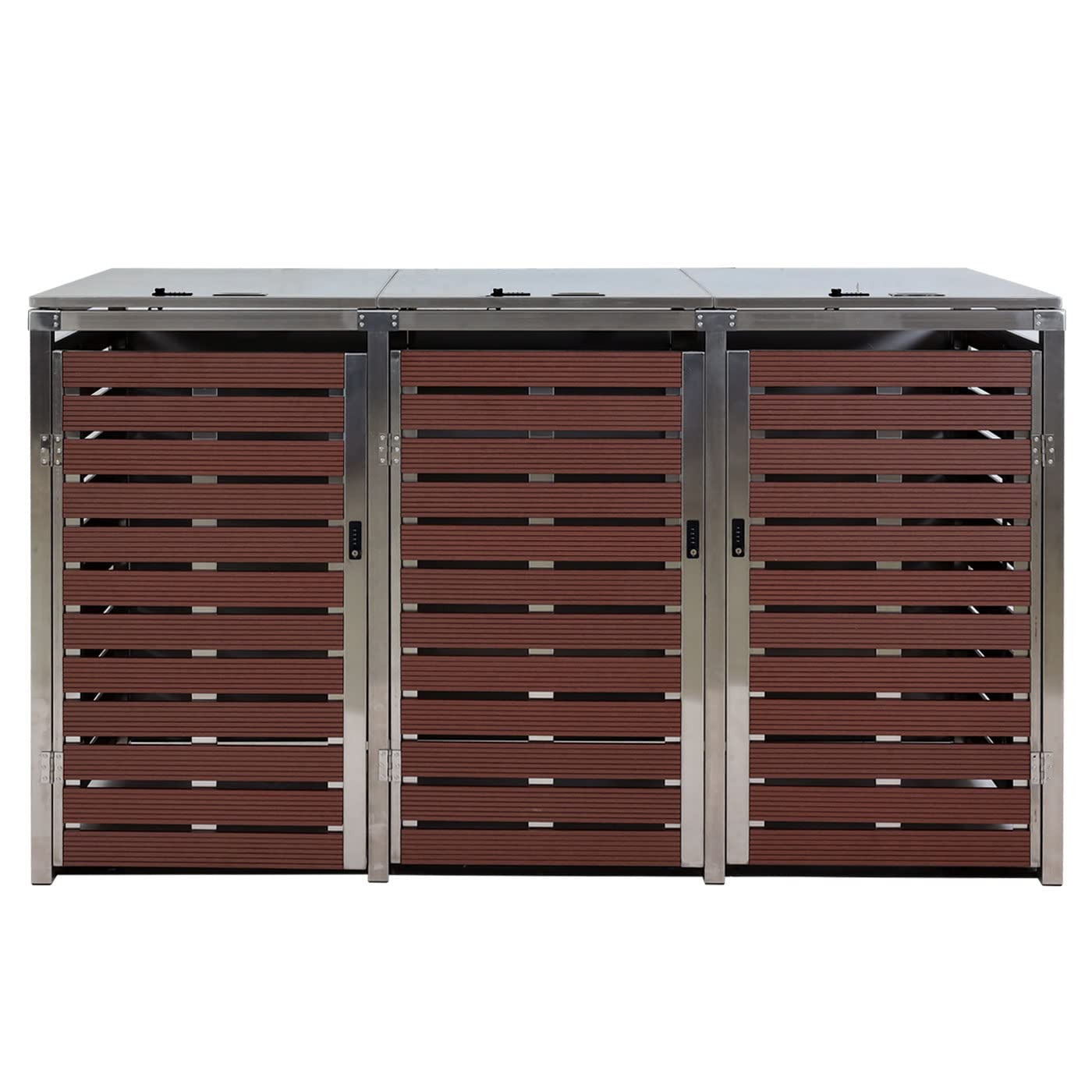 Mendler 3er Mülltonnenverkleidung HWC-K14 120x200x85cm - Walnuss-Holzoptik | Mülltonnenbox, WPC, Edelstahl, 104kg