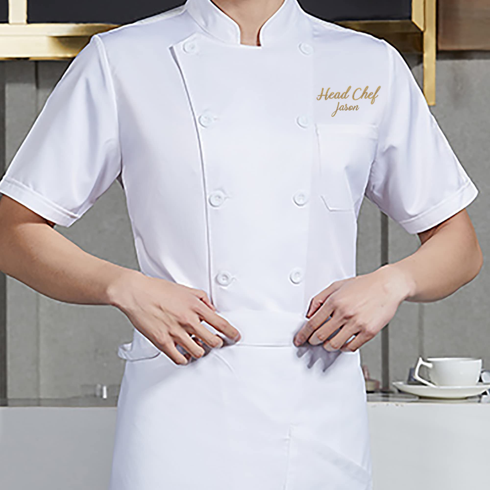 Chef Top para Mujeres/Hombres, Nombre del Bordado Personalizado Chaqueta de Chef de Manga Corta Unisex con Bolsillo, Uniforme de Camarero de Restaurante de Hotel de Cocina Uniforme de Chef Unisex