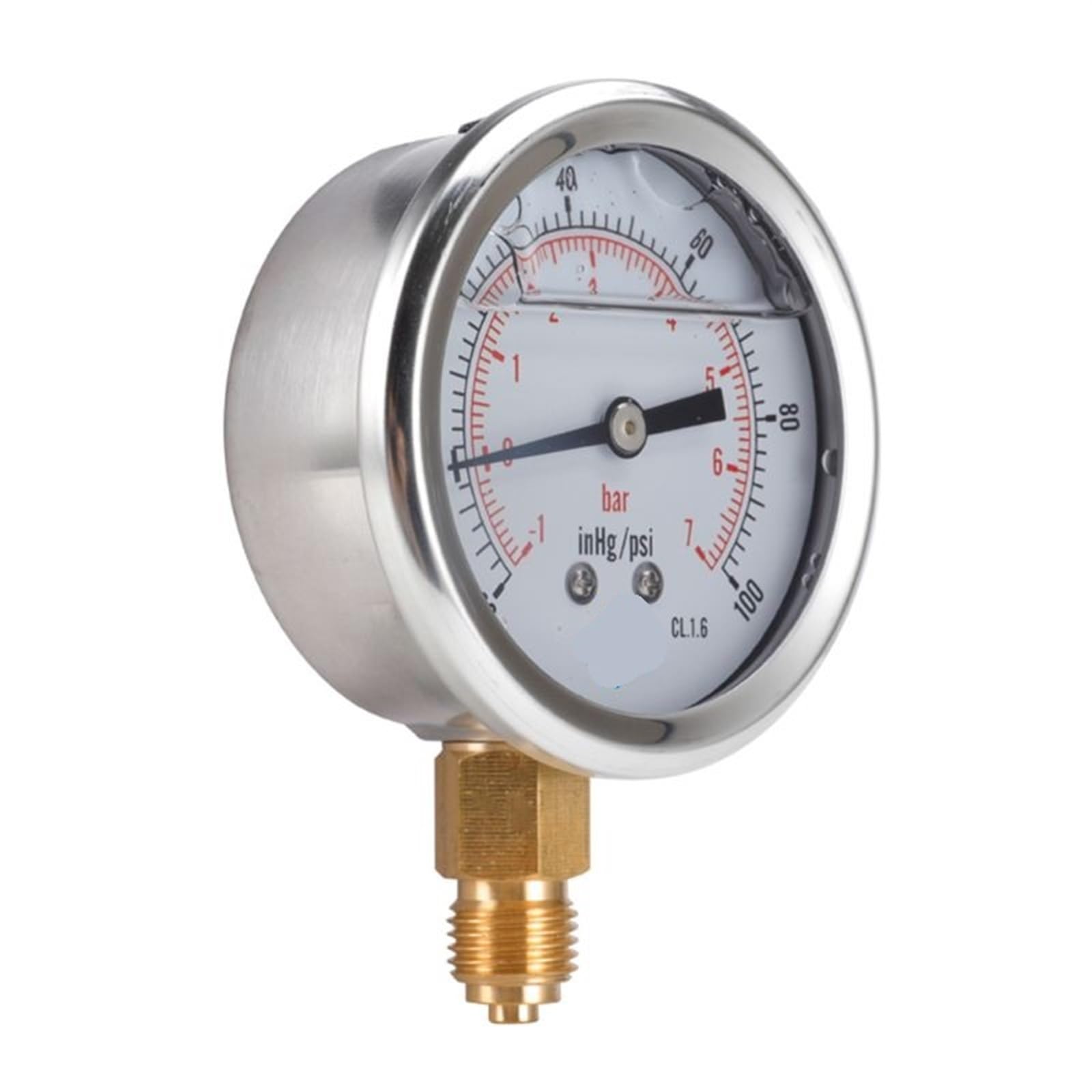 Manómetro de vacío compuesto de fondo de 1/4 con relleno de glicerina de 68 mm -1/+10 bar y -30-150 inhg/psi, 1 unidad(0bar)