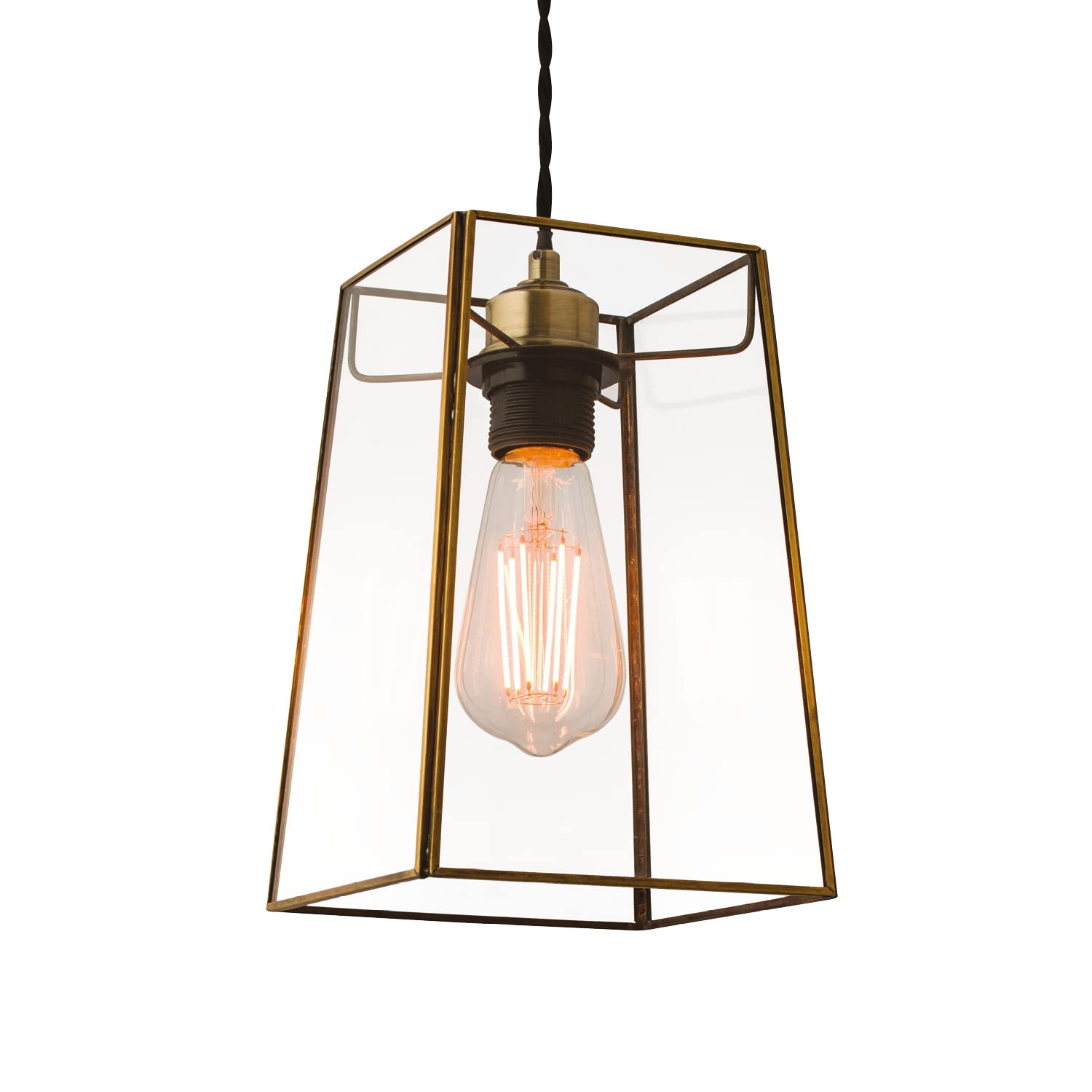 National Lighting CORA Contemporary Antique Brass and Clear Glass Metal Cage Designer Style Pendant Ceiling Light Shade