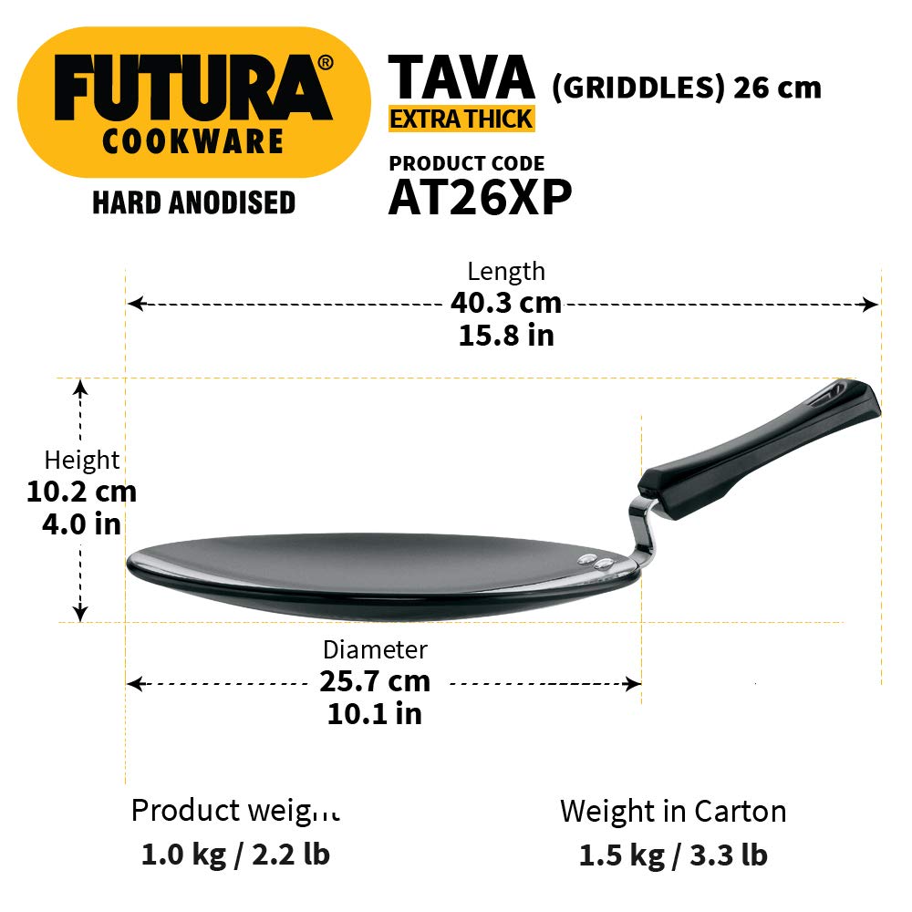 Futura Hard Anodised concave Tava Griddle, 4.06 mm, con Manico in Acciaio, Black, 10" with Plastic Handle.