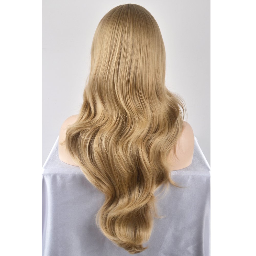 BERON 26 Inches Blonde Wig Long Wavy Wig Ash Blonde Wigs with Bangs for Women Gold Blonde Synthetic Wigs with Hairnet