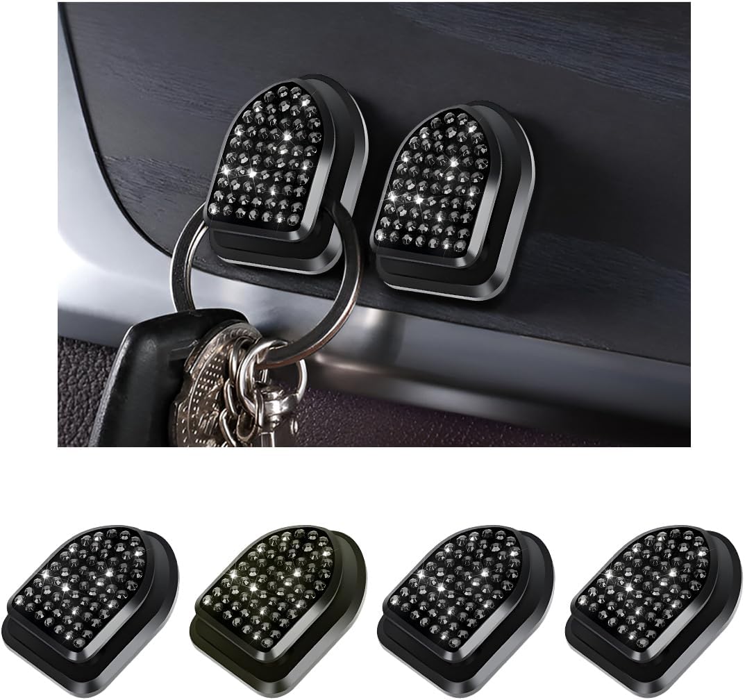 4 PCS Bling Car Mini Hooks, Cute Rhinestone Adhesive Back Seat Auto Hangers, Multifunctional Crystal Hanging Storage Hook for Vehicle Dashboard Wall Hat Coat Towel Key (Black)