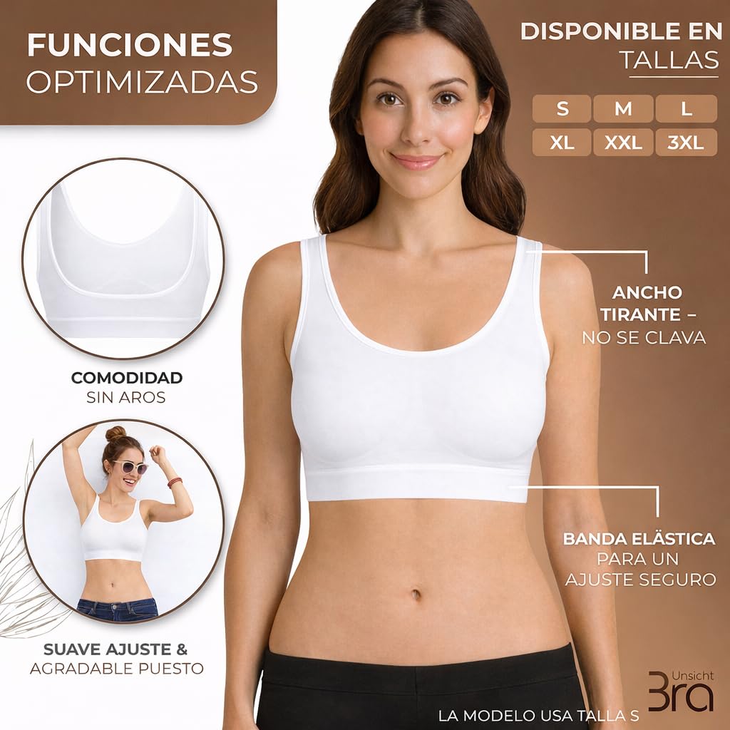 UnsichtBra Mujer Set de 3 Sujetadores | Bralette Sin Aros | Ultra Cómodo e Invisible | Antisudor | Sin Costuras | Elástico y Transpirable | Negro, Blanco, Beige | Lencería de Algodón