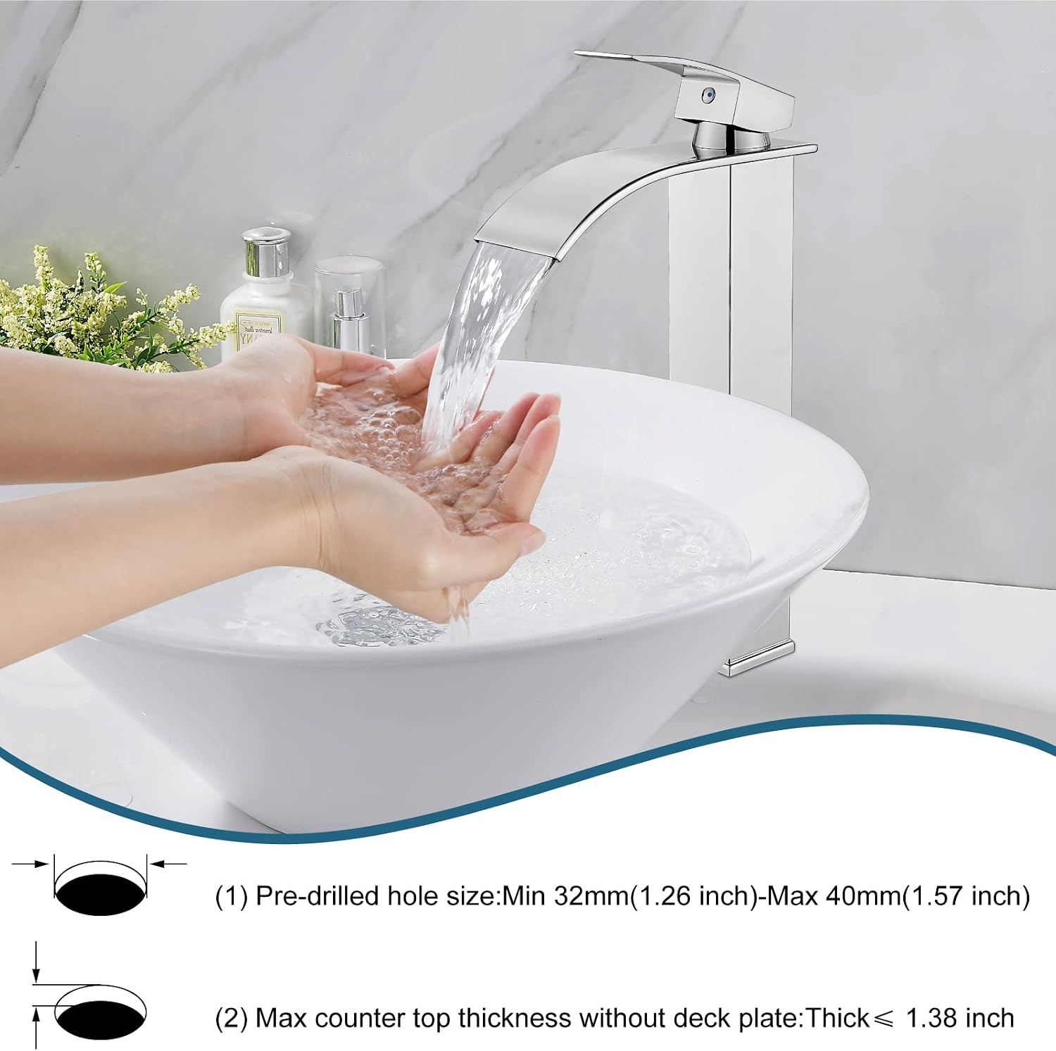 Midanya Vessel Sink Facuet Waterfall Tall Bathroom Faucets Vanity Single Handle 1 Hole Modern with Pop-up Drain and Supply Hoses,Polish Chrome