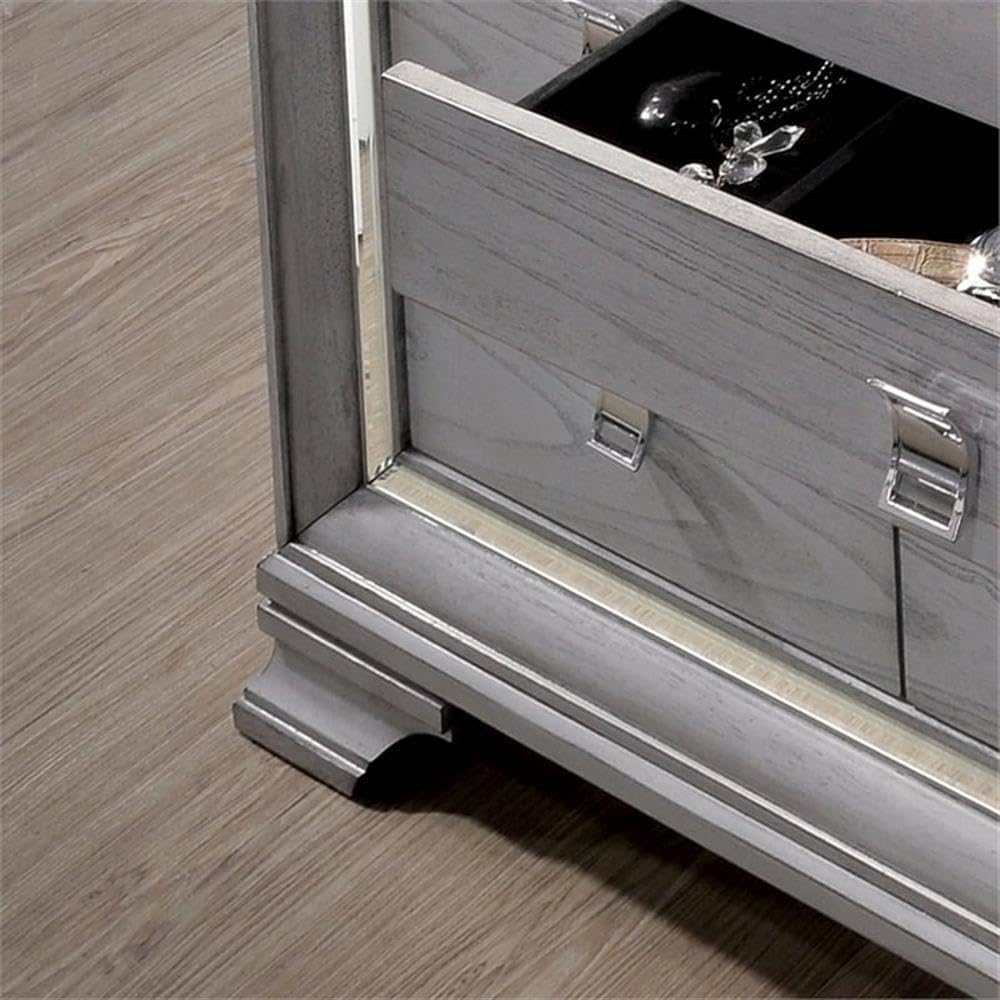 Bowery Hill 8-Drawer Wood Dresser, Light Gray Finish, 66"W x 17.5"D x 41"H, English Dovetail Construction, Mirrored Trim, Chrome Drawer Pulls, Ball Bearing Glides, Horizontal Storage for Bedroom or