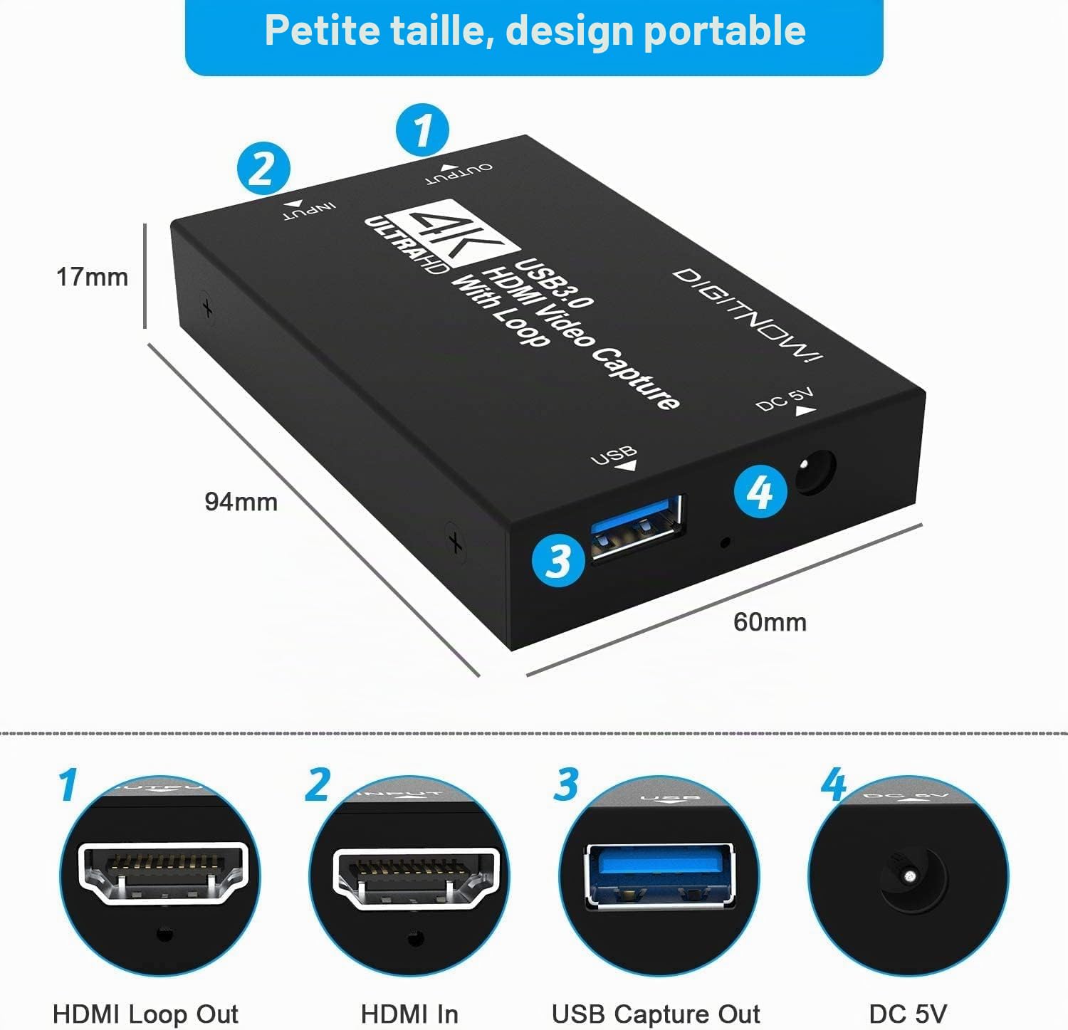 Carte de Capture vidéo, Carte de Capture Audio, Carte de Capture USB 3.0 4K HDMI Loop-Out, 1080P 60FPS Capture de Jeu vidéo pour Streaming, Jeux et Diffusion Xbox/PS4/PS5/OBS/appareil Photo/PC