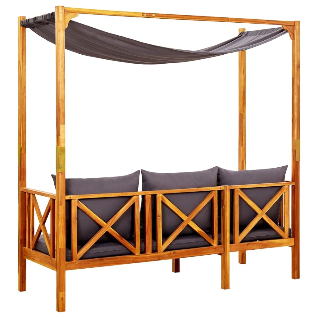 Panca da giardino con baldacchino in legno di acacia massello, letto da giorno esterno con cuscini imbottiti per un comfort ottimale, riparo solare per terrazza e giardino