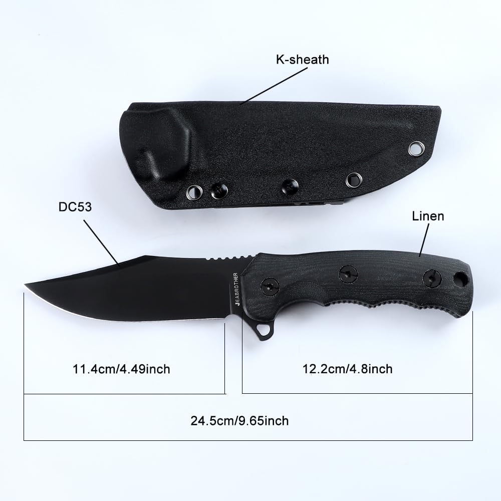 JEABROTHER Kydex Mantel Tactical Fixed Blade Messer, Alle Tang DC53 Stahl Jagdmesser Leinen Griff EDC Messer